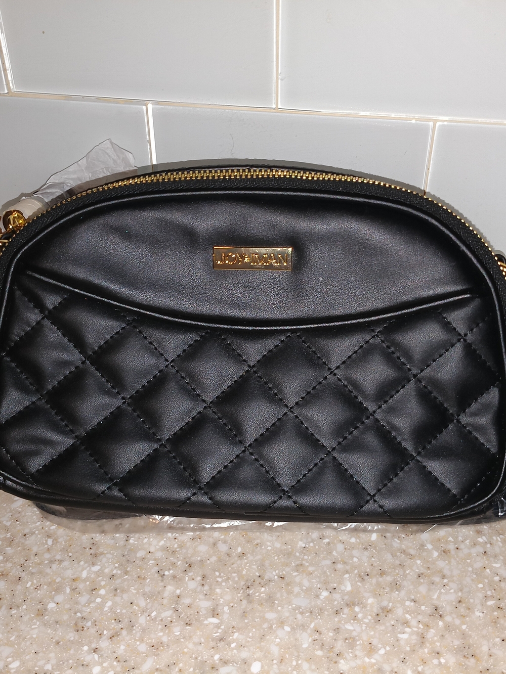 Joy & Iman Black Quilted Cosmetic Bag with Gold Hardware